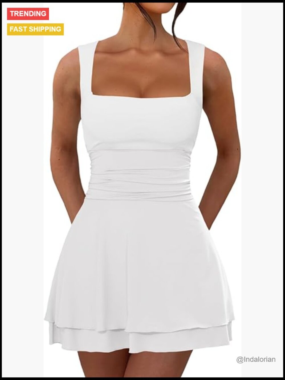 Ruffle Hem Square Neck Mini Dress Sleeveless Ruched Waist Formal Party